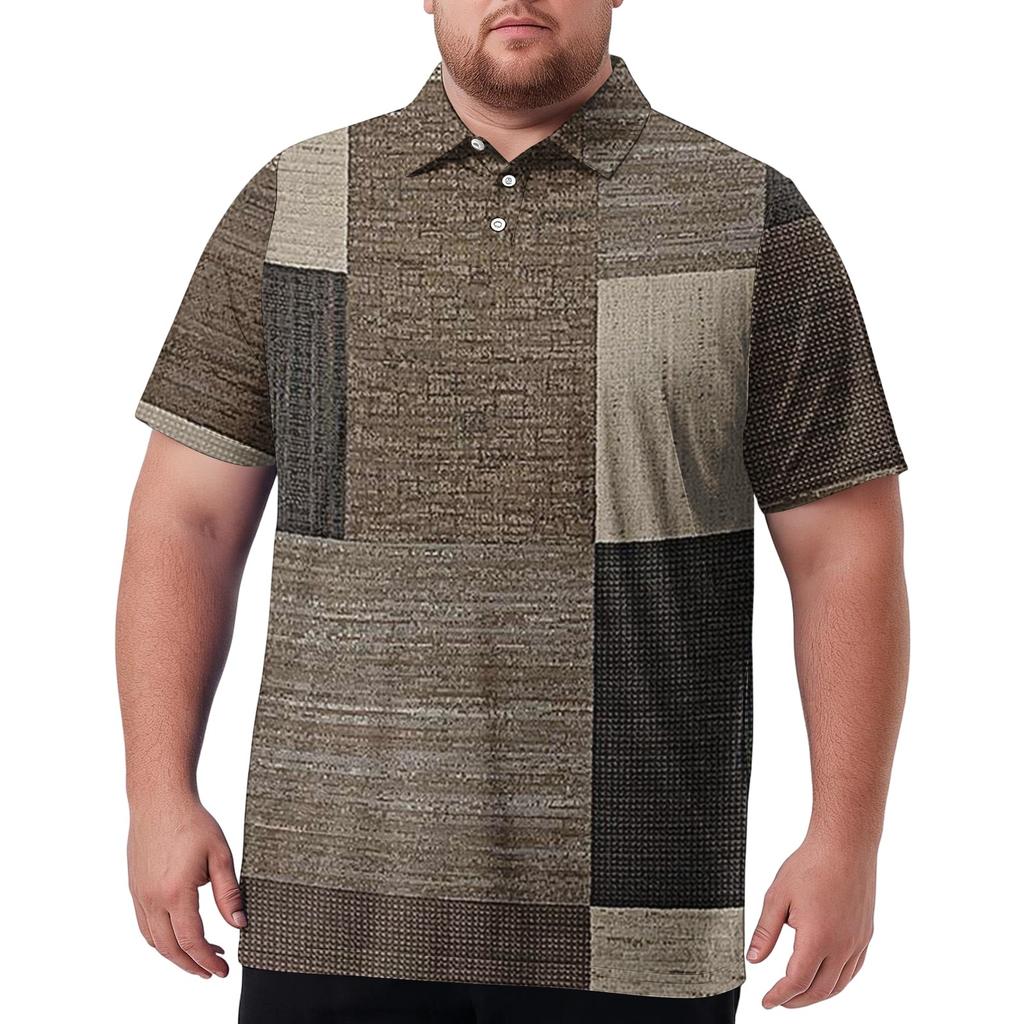 Men's Big Size Polo Shirt Short Sleeve Breathable Golf Shirt Casual Workwear Collared Button Up Shirt with Checkered Print