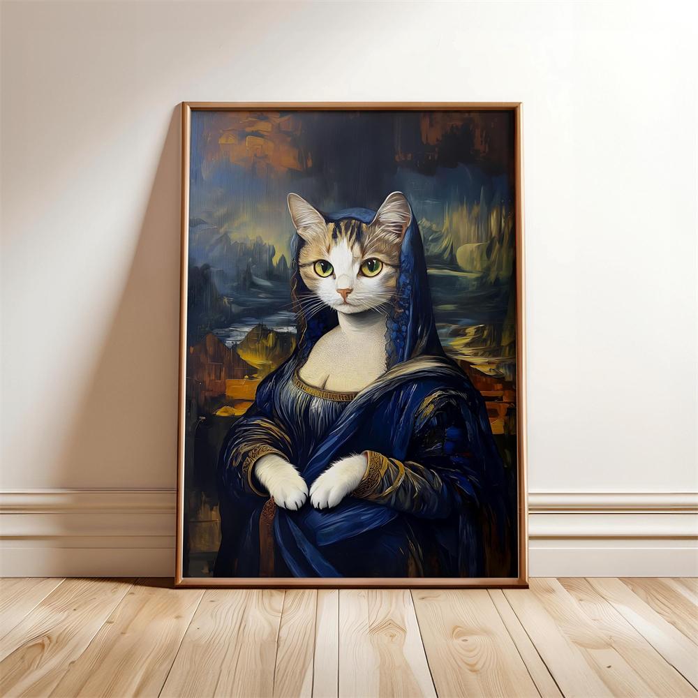 Cat With Pearl Earring Print Mona Lisa Cat Classic Art Cat Poster Renaissance Style Wall Art Parody Cat Canvas Painting Decor