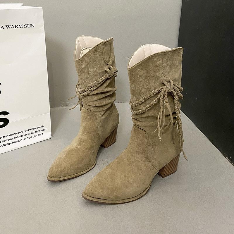 

2025 осень ретро бахрома рыцарские сапоги толстый каблук, но сапоги до колена тонкий ворс остроносые сапоги женские 41