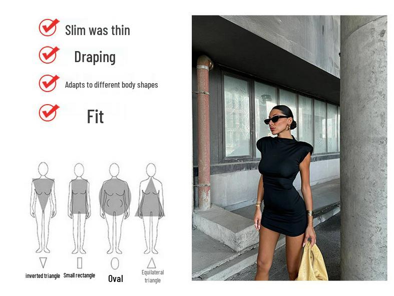 2026 Summer Women's European & American Style Slim-Fit Waist-Cinching Shoulder Pad Dress