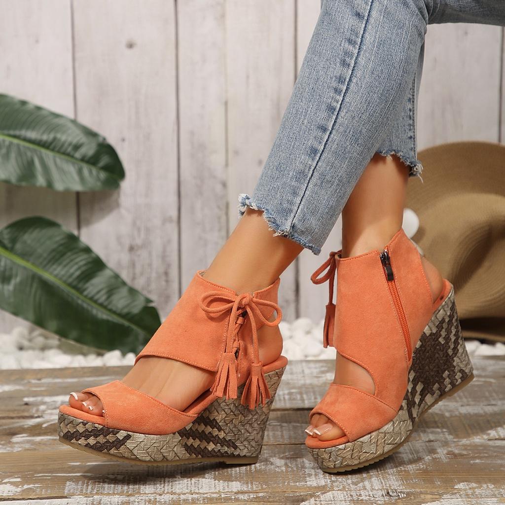 Large size European and American wedge heel sandals 22 spring and summer fringed high heel fish mouth thick sole muffin sole shoes