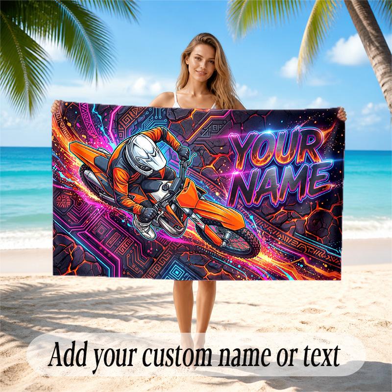 Motorcycle Biker Theme Quick Dry Beach Towel Custom Name Text Print Large Sand Resistant Towel Beach Vacation