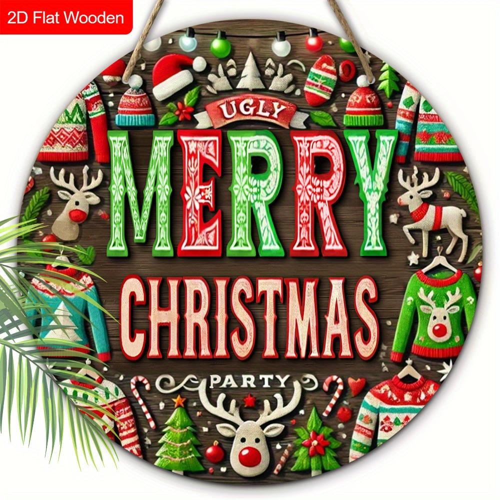 2D Flat 1pc Winter Merry Christmas Sweater Logo Wooden Sign Decoration, Front Door Embossed Effect Wall Decoration, Suitable for Home Office, Garden