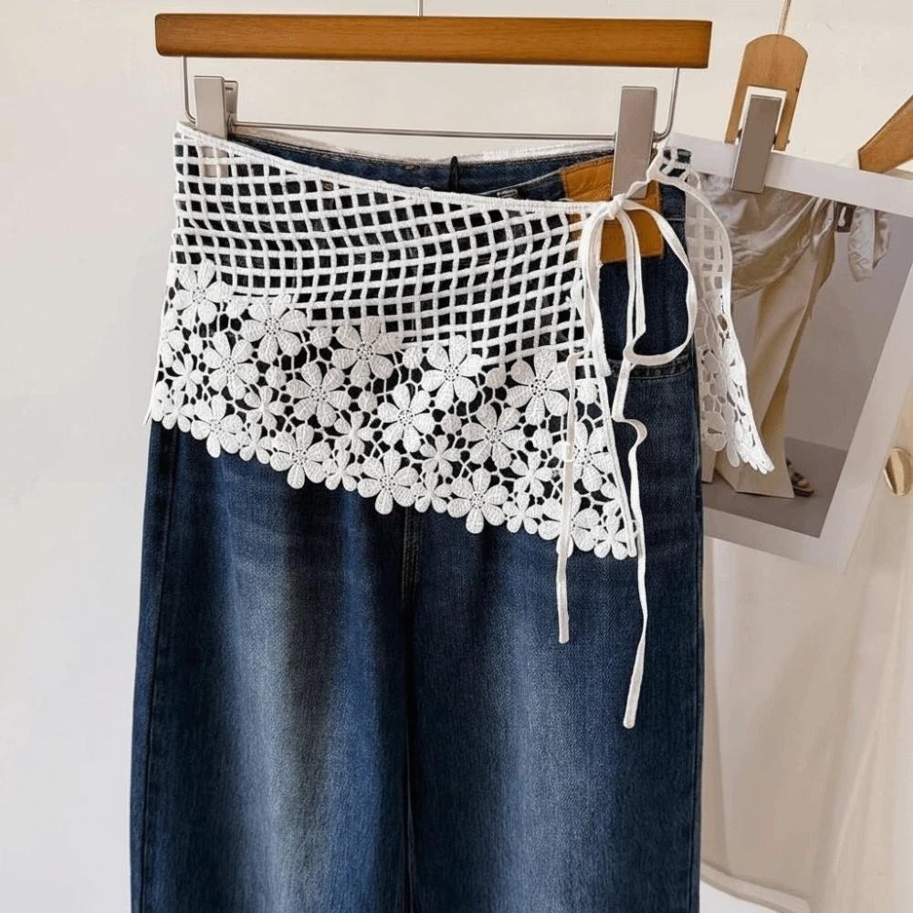 Vintage Crochet Flower Butt Curtain Embroidered Waistband Shoulders Fake Collar Women