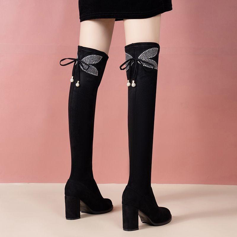

Элегантные туфли на каблуке со стразами, с круглым носком, выше колена, женские, осенне-зимние, на флисовой подкладке, черные ботфорты для женщин 42