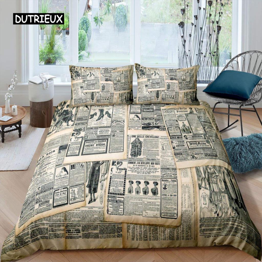 Old Newspaper Duvet Cover Set Kid Hot Air Balloon Comforter Cover Retro Truck Bedding Set Microfiber Bicycle Vintage Quilt Cover