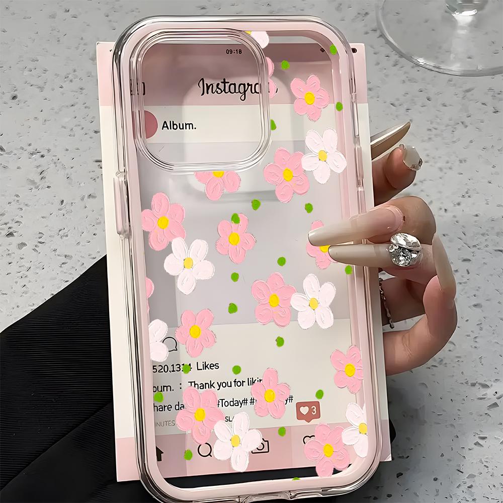 Oil Painting Pink Daisy Pattern Clear Phone Case For iPhone 17 Air 16 15 14 13 12 11 Pro Max Plus 2 in 1 Candy Color Soft Cover
