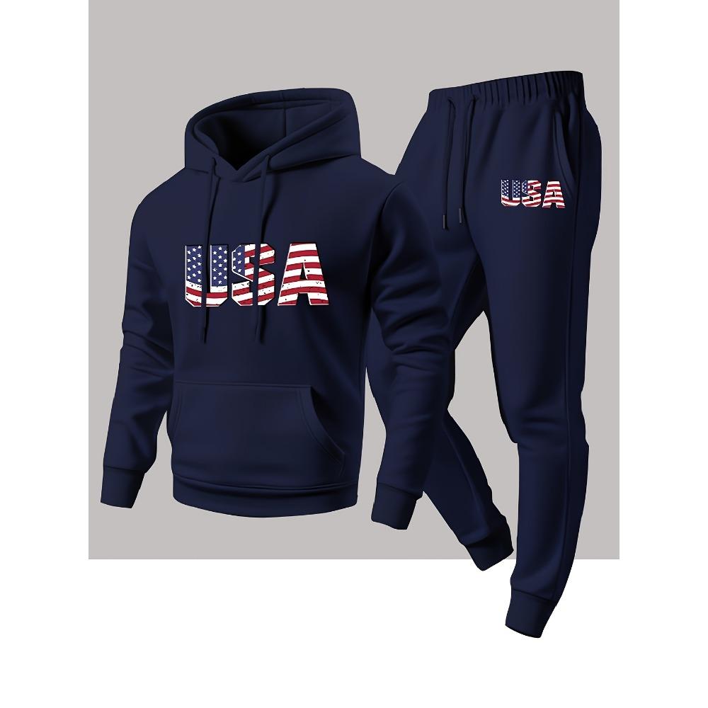 Autumn and Winter Men's Sports and Leisure Hooded Sweatshirt and Sweatpants Set 2 Pieces with Fashionable National Flag Print
