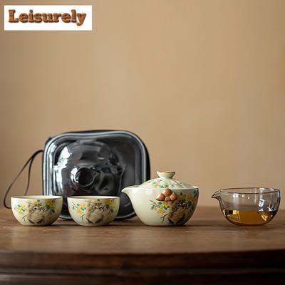 Cream Ru Kiln Porcelain Quick Guest Tea Set Kit Handmade 1 Pot 2 Cups Tea Maker Portable Travel Tea Services Bags Accessories