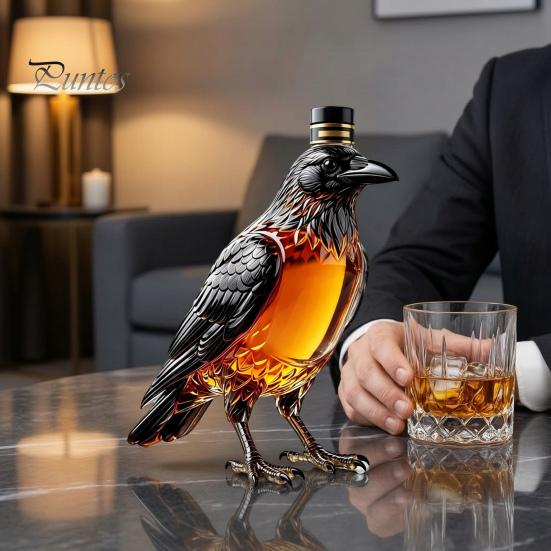 Decorative Glass Bottle Crow Whiskey Decanter, 350ml Capacity Liquor Bottle, Gift for Lovers Alcohol Dispenser Home Kitchen Bar Table Display