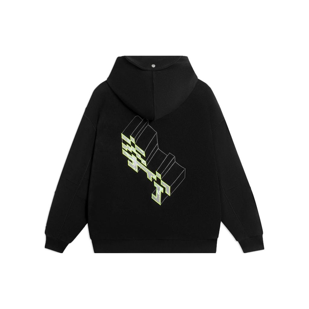 Li Ning Geometric Pattern Printed Hooded Fleece Loose Pullover Hoodie Unisex Hoodies Black AWDSC77-3