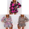 Abito Lungo con Stampa Floreale, Scollo a V, Maniche Lunghe e Orlo Arricciato per Moda Donna Primavera Estate