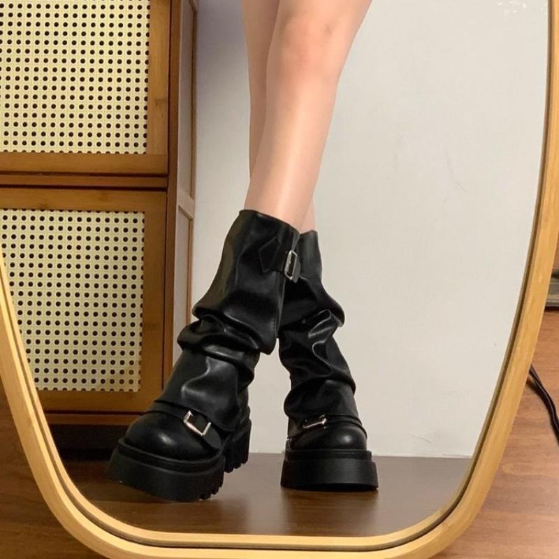 Modne Jesienno-Zimowe Skórzane Buty na Półwysokim Obcasie z Okrągłym Noskiem Zwiększające Wysokość dla Kobiet Trend 2025 Gyaru Ciepłe Buty na Platformie do Połowy Łydki Kobieta