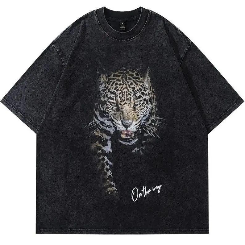 Leopard print t-shirt oversized washed t-shirt print vintage retro punk and gothic unisex adult hot stamping 100% cotton S разноцветный