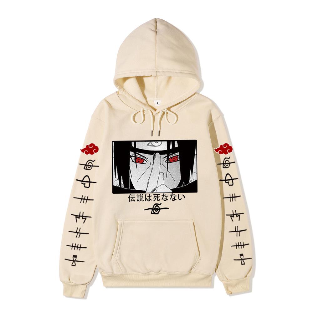 Anime Naruto Itachi Uchiha Hoodie Double Sleeve Akatsuki Cloud & Symbol Print Sharingan Character Front Print Pullover Sweatshirt Men Women Streetwear