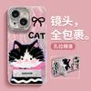 Cute graffiti cat is suitable for Apple 16 feather yarn mobile phone case Huawei mate70pro bracket bracelet 15/14 women