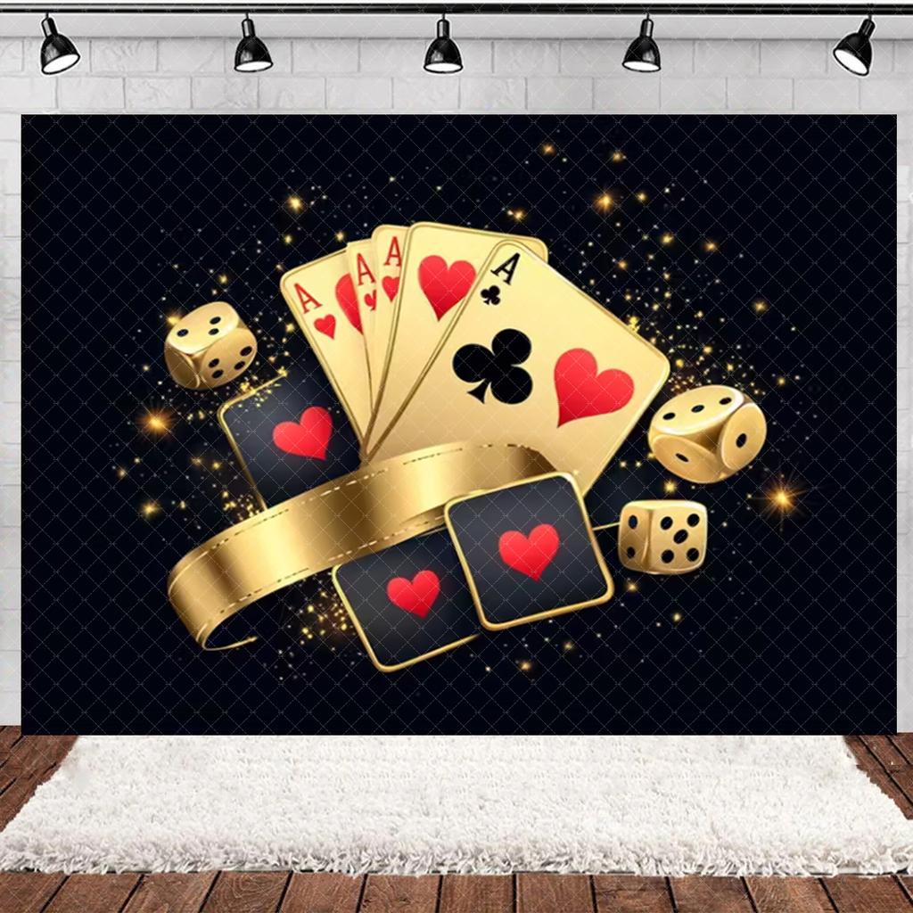 Casino Poker Chips Theme Birthday Party Decorations Playing Cards Money Golden Glitters Red Curtain BalloonS Cake Topper Banner