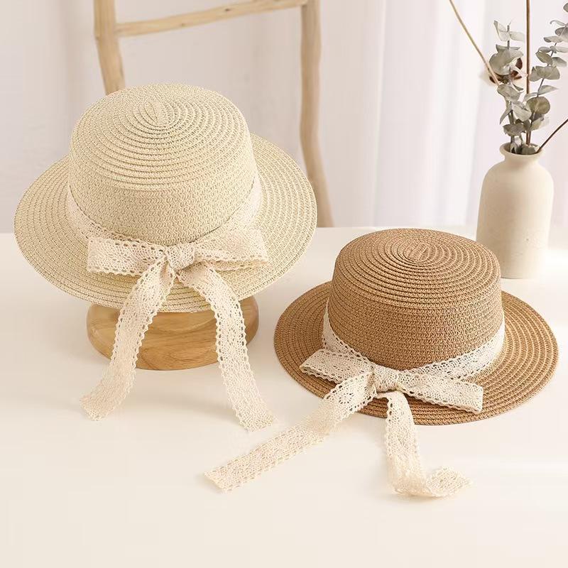 Cute Bow Lace Girls Straw Hat Spring Summer Breathable Sunshade Kids Sun Hat Outdoor Travel UV Protection Children Panama Cap