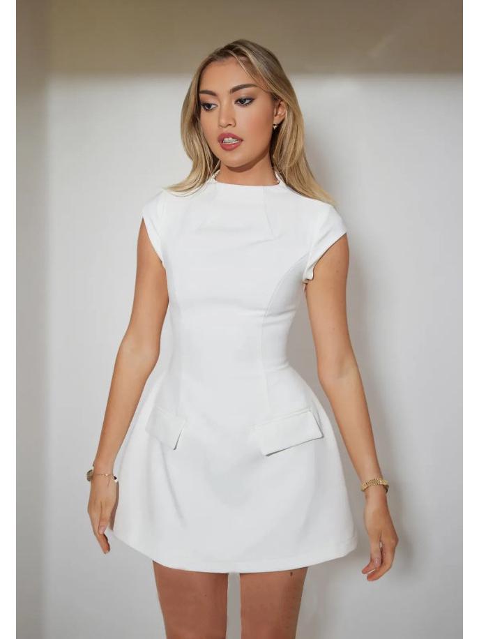 2024 Spring European & American Women's Solid Color Round Neck Pocket Waist-Slimming Dress