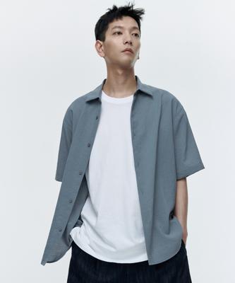 Relaxed Linen-Like Short Sleeve Shirt [Blue Gray]