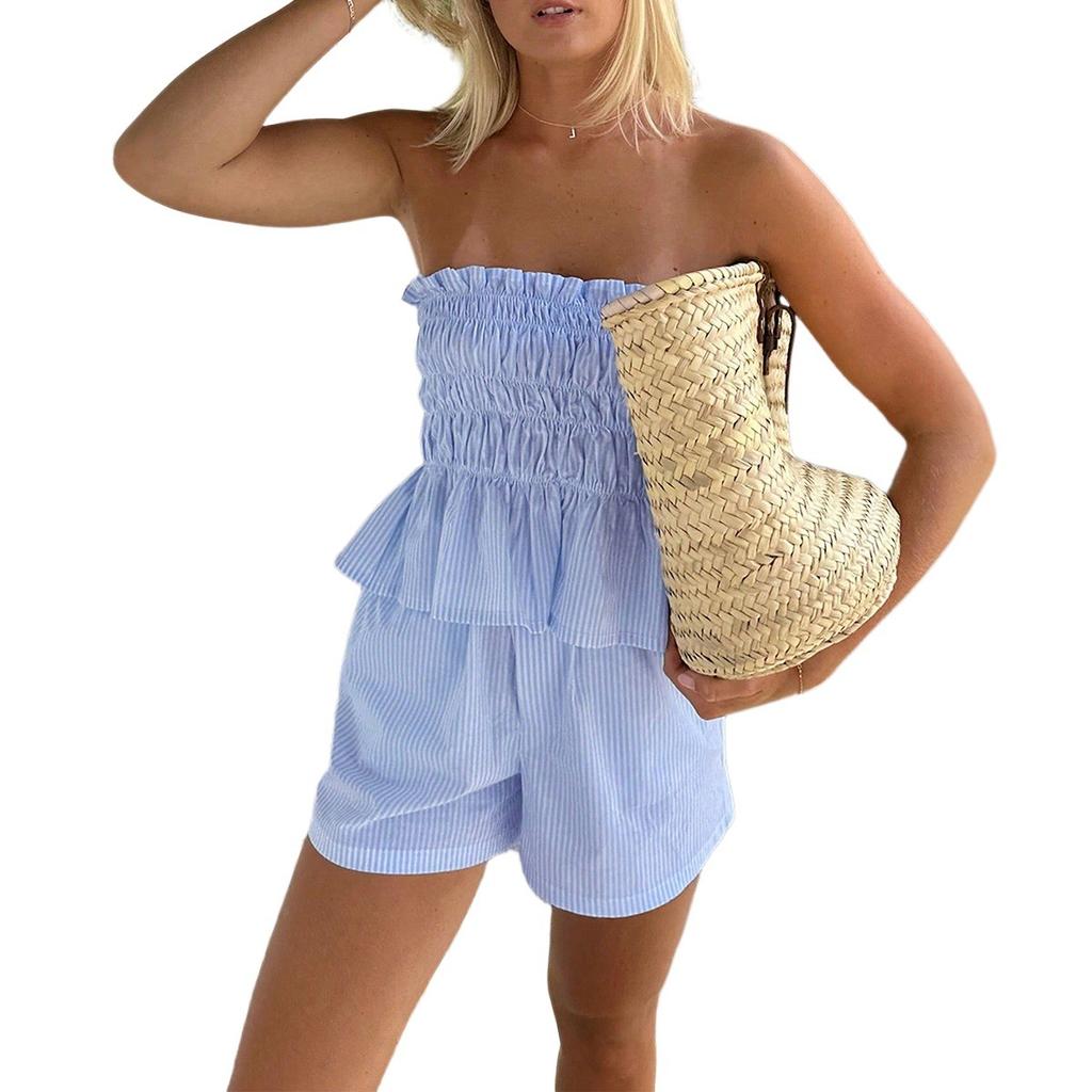 Women's 2 Piece Outfits Sets Ruched Short Sleeve Tops  Wide Leg Pants Tracksuit Sets