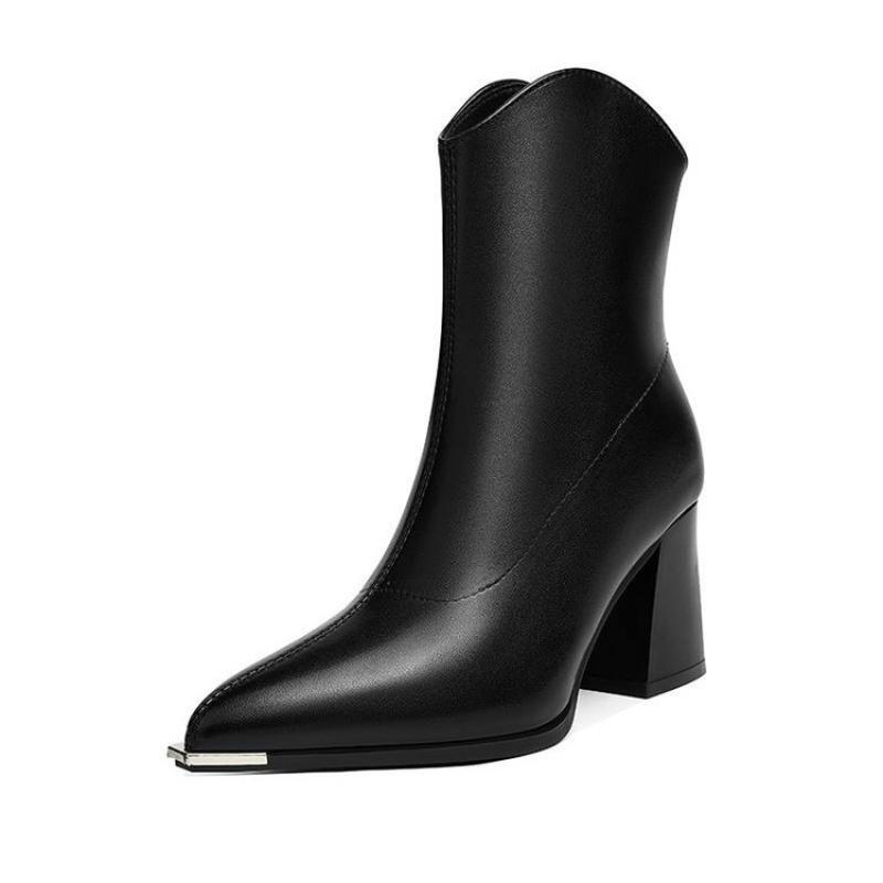 New Winter Lined Warm Ankle Boots Women Fashion Pointed Toe Chunky Heel Booties, Back Zipper Comfortable Short Boots