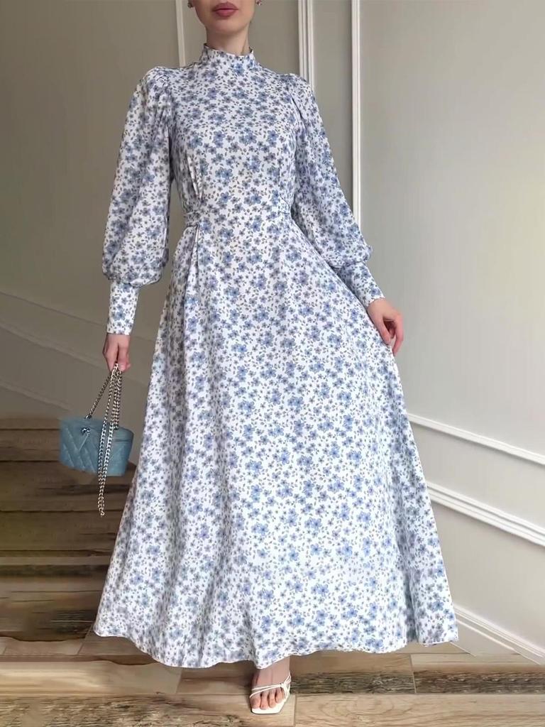 2025 Spring Loose Tie Floral Satin Long Sleeve Dress