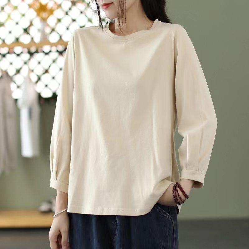 Bomulls T-shirt med nioärm för dam, vår och höst, koreansk stil, enfärgad, lös, plus size, rundhalsad topp
