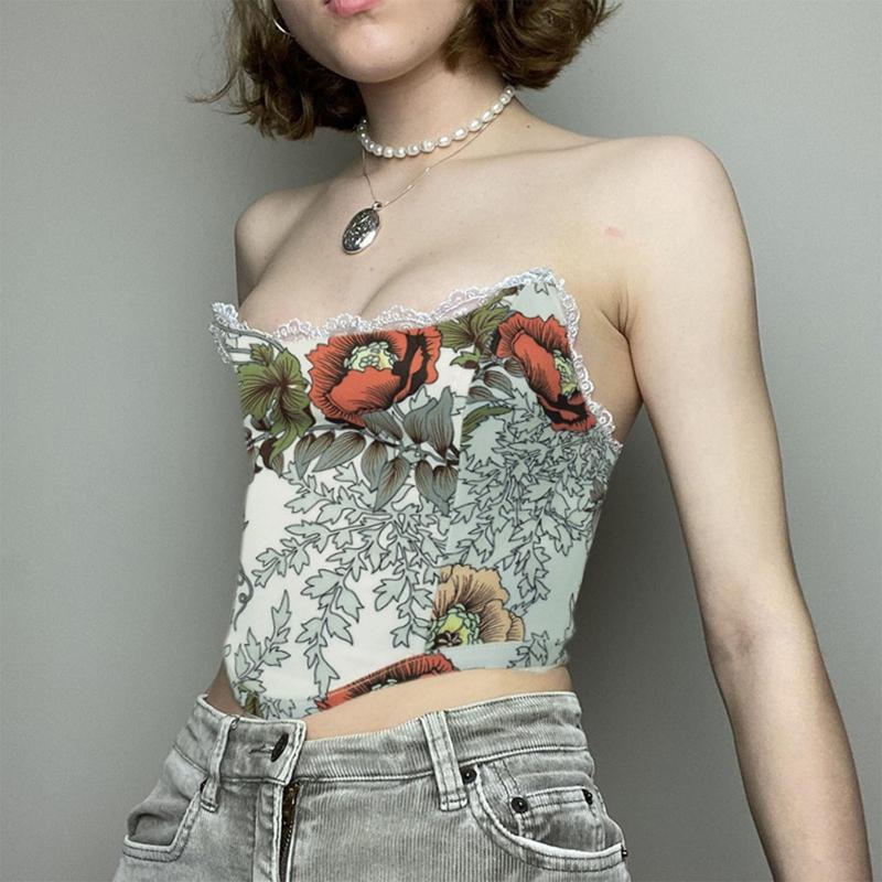 Sweet Floral Printing Backless Female Waist Corset Sleeveless Top Women Slimming Waistband Elasticity Corsets T-shirt