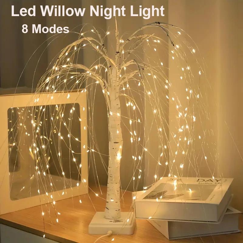 1PC Willow Night Light 192 LED Table Lamp 8 Modes Battery And USB Use Tree Lights For Wedding Party  Christmas Decoration Jesus