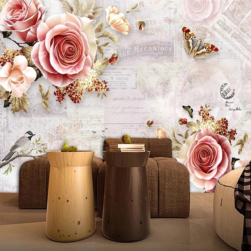 Moderne handgemalte Rosen Tapete Blumen Schmetterling 3D Wandbild Wohnzimmer Schlafzimmer Romantische Dekoration Tapete