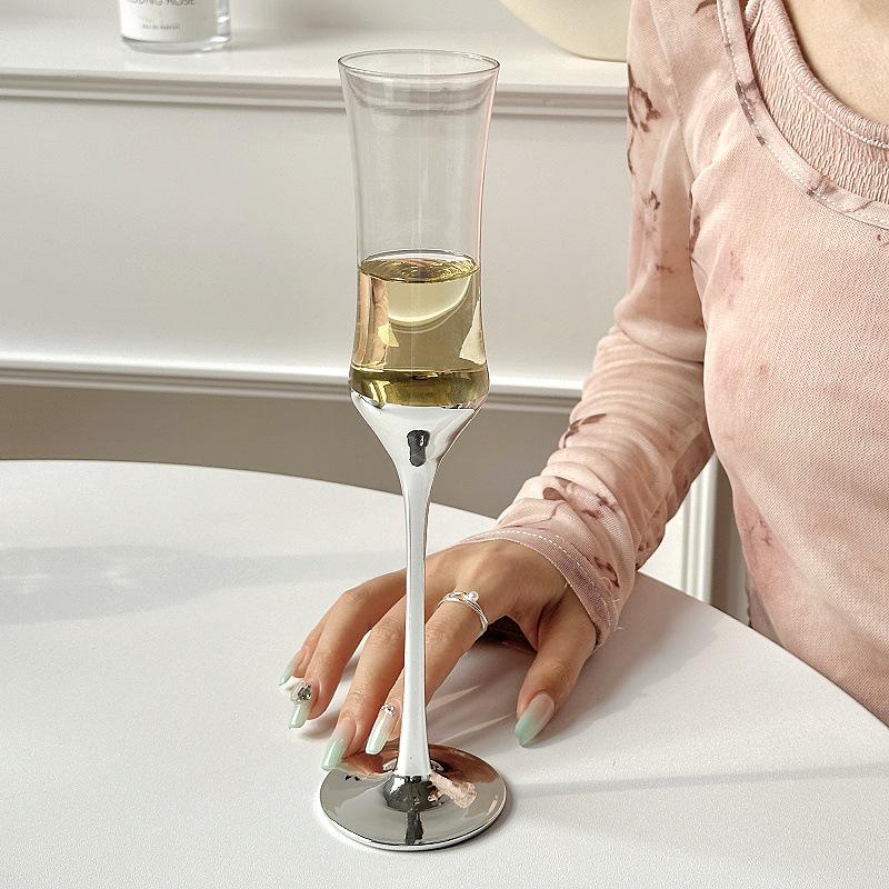 French Waist-Cinching Crystal Champagne Glass - Elegant Electroplated, High-Stem Bubble Cup for Desserts & Red Wine, Perfect for Gifting
