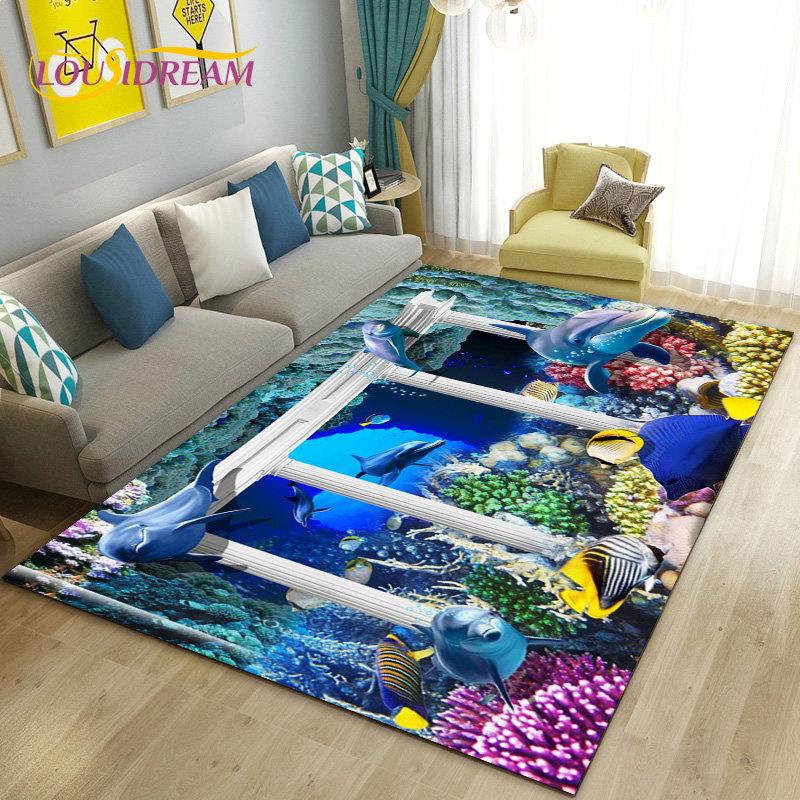 3D-Illusion Unterwasserwelt Meeresboden Delfin Hai Teppich, Teppich für Wohnzimmer Schlafzimmer Sofa Fußmatte Rutschfeste Bodenmatte