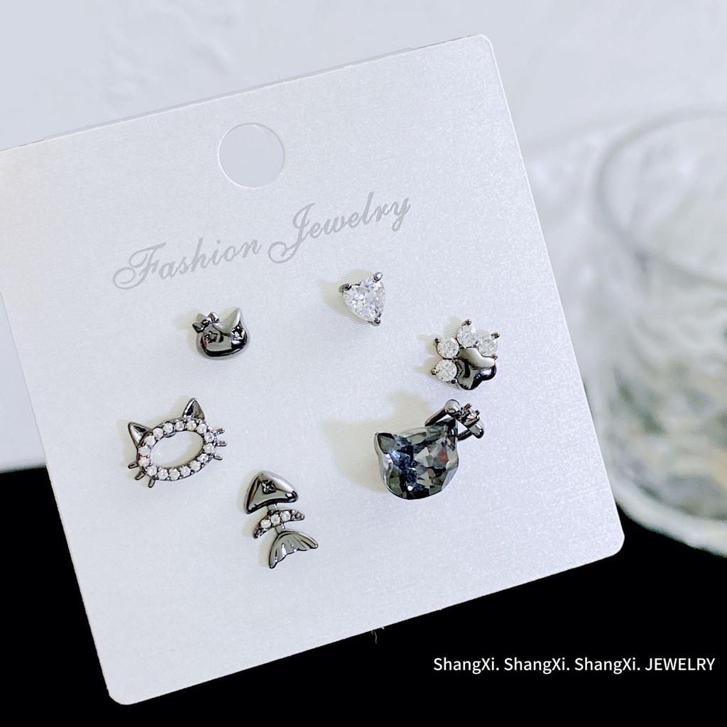 Kanamina Cute Kitten Fishbone Stud Earrings Set, S925 Silver with Inlaid Diamonds - 3 Pair Versatile Set