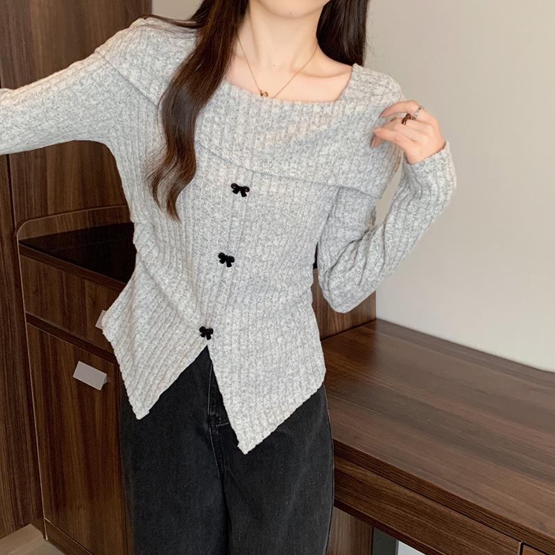 Plus Size Women s French Square Neck Bow Knit Top - Long Sleeve L