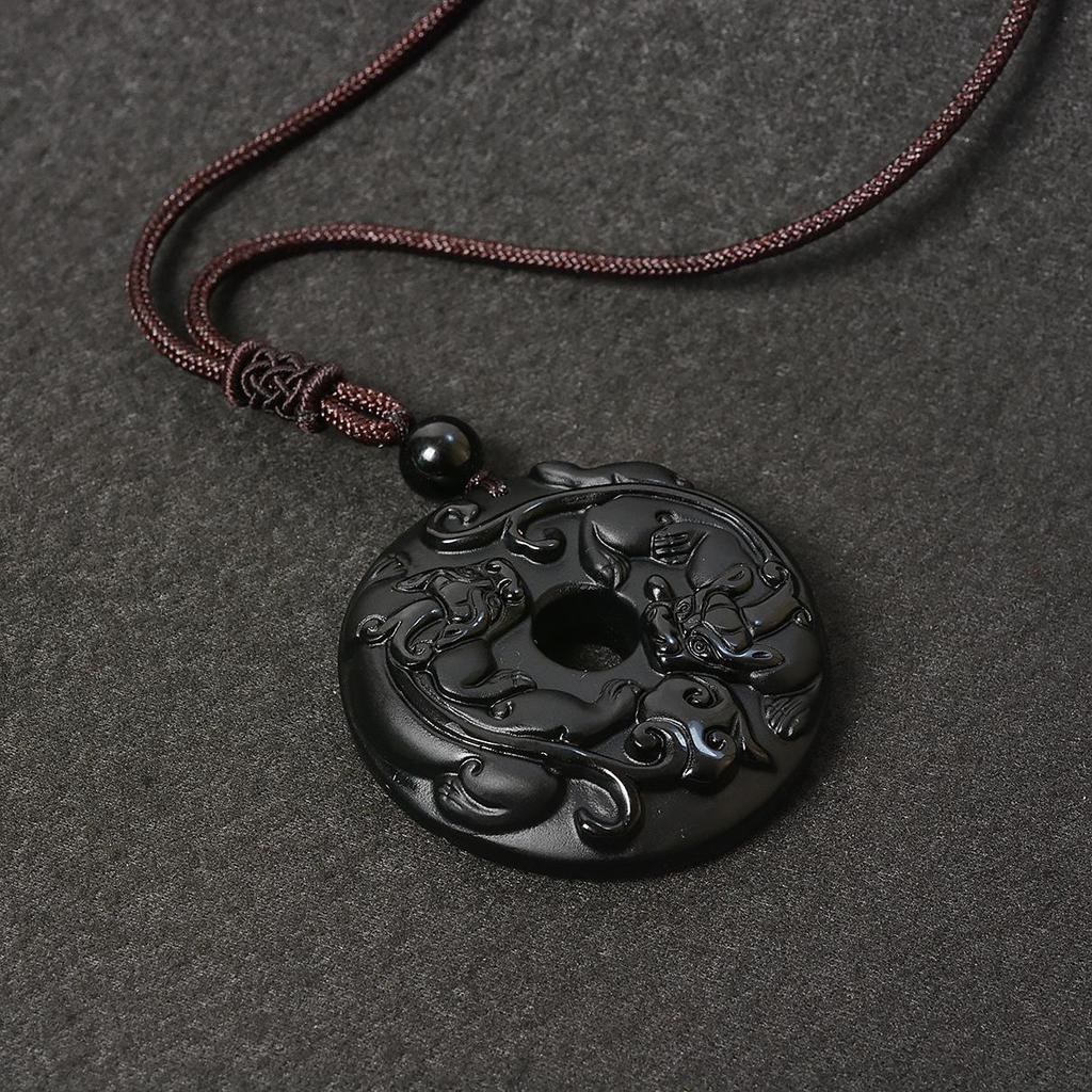 Obsidian Dragon Double Pixiu Peace Pendant Necklace for Men and Women