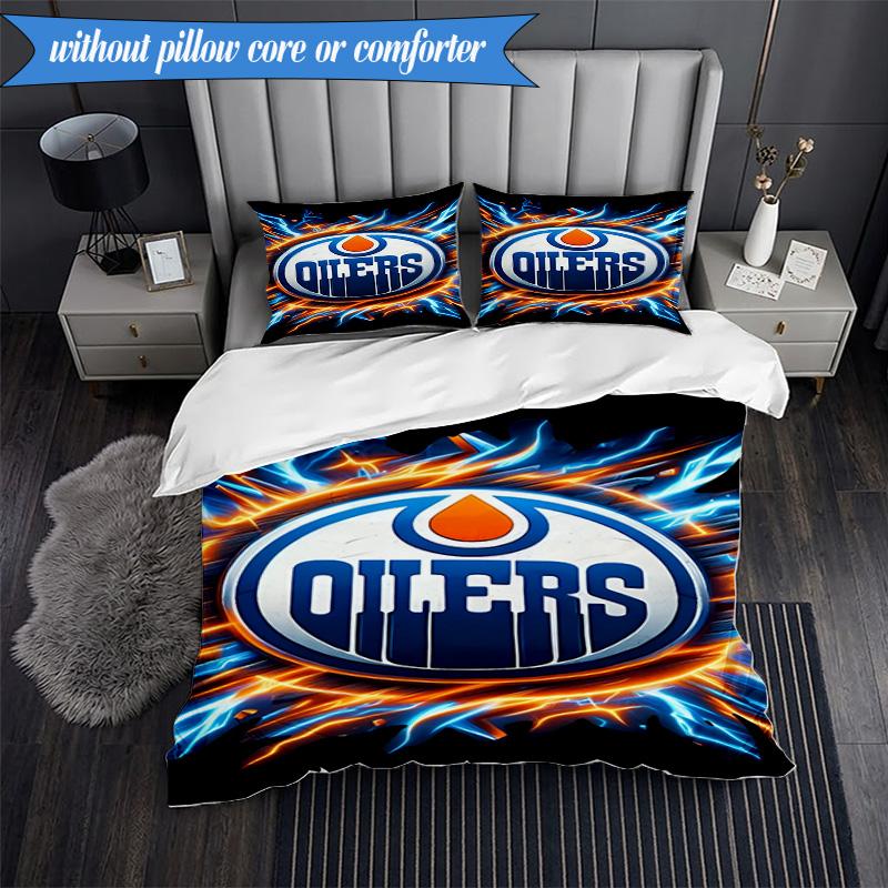 3PCS Edmonton Oilers Emblem Bedding Set,Including 1pc Duvet Cover And 2pcs Pillowcases Perfect for Bedroom, Dormitory, Fan Christmas Gift