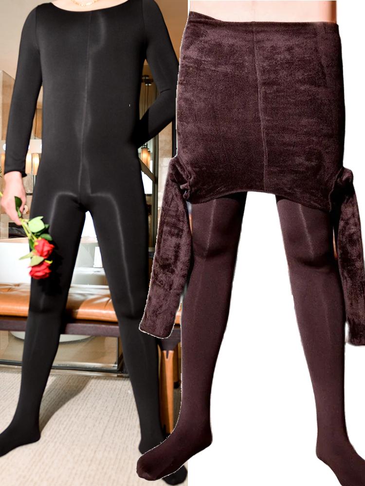Unisex Thickness Warm Jumpsuit Round Neck Fleece Unitard Tights Bodystocking Penis Sheath Close Open Crotch Bodysuit Lingerie