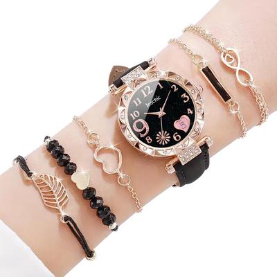 6 Stück/Set Damen Uhr Lässige Blume Quarz Uhr PU Leder Armbanduhr Armbänder Kombinationsset Schmuck Geschenk für Frauen Mädchen