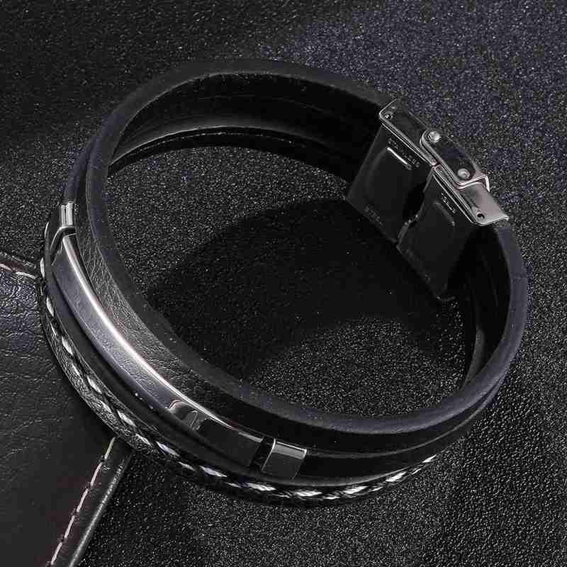 

Men Bracelet Stainless Steel Charm Button Clasp Leather Bracelets For Men Punk Jewelry Hip Hop Rock 165mm чорний