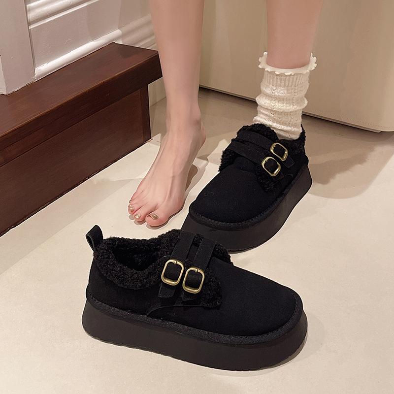 אופנה חורף נשים מגפי שלג עם בוהן עגולה אבזם כפול 2024 מכירה חמה סוליה עבה חם קטיפה עקב בינוני עמיד למים נעלי נשים קז'ואל