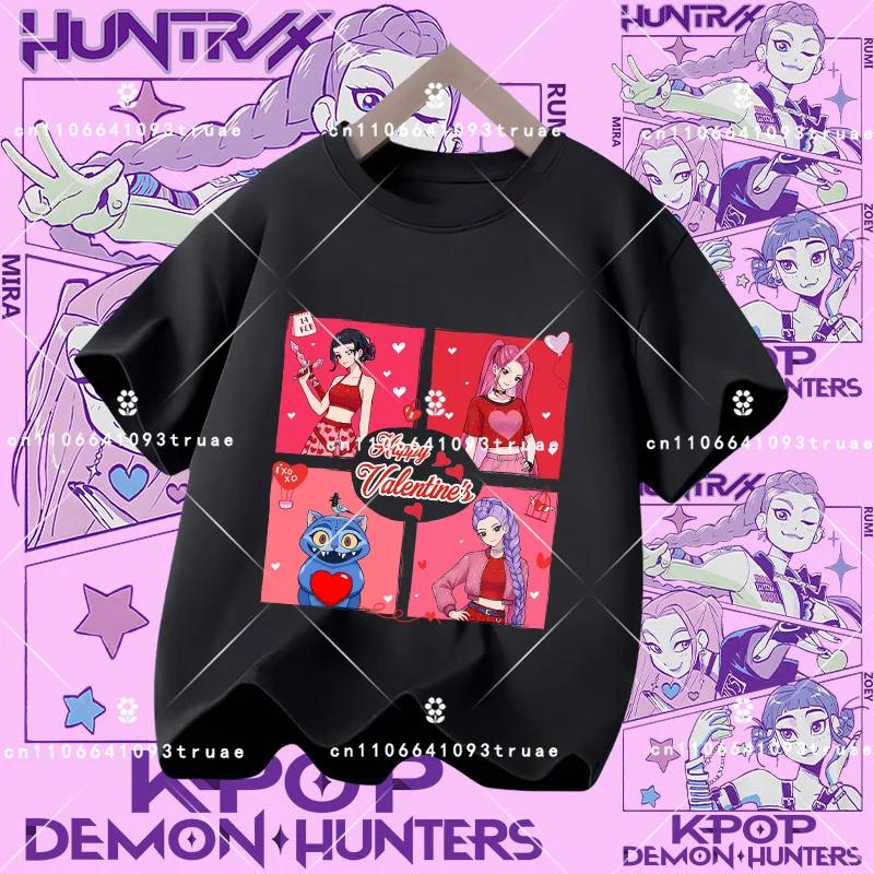Polyester short-sleeved K-pop Demon Hunter girl cute sports shirt for children aged 1-12. Summer T-shirt. Casual top. Cartoon print