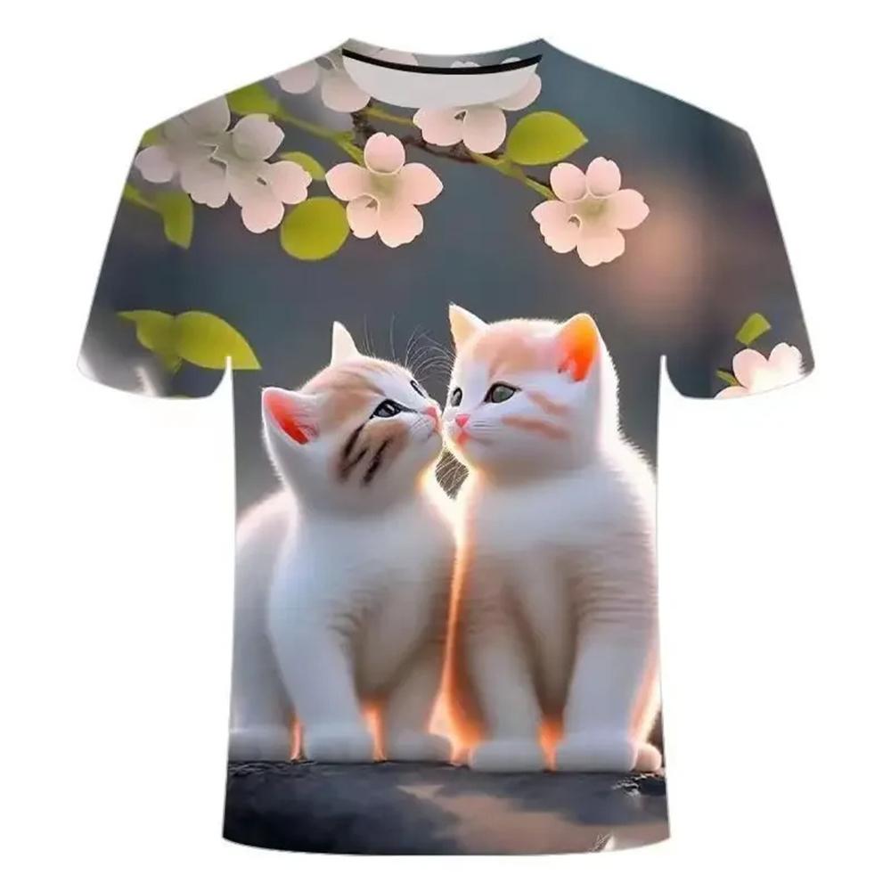 Short-sleeve cute cat print children's summer clothing, cartoon girls' pretty and beautiful top, casual round-neck T-shirt