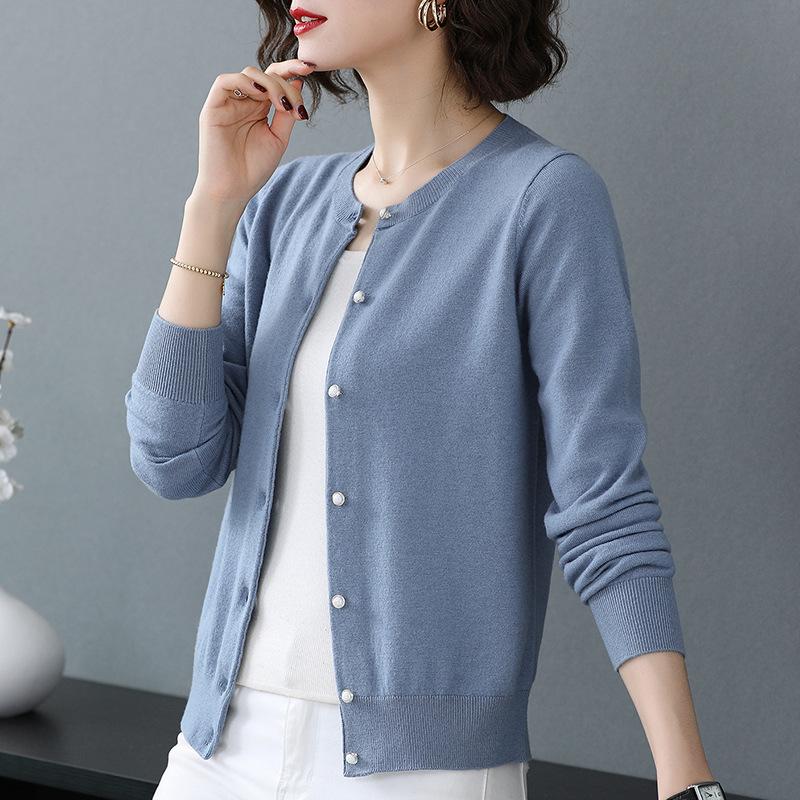 

Autumn knitted jacket sweater cardigan simple temperament round neck long sleeve loose top One size