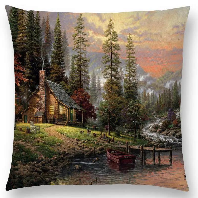 Newest American Countryside Oil Painting Cushion Cover Beautiful Scenery The Castle Lighthouse Sofa Throw Pillowcase