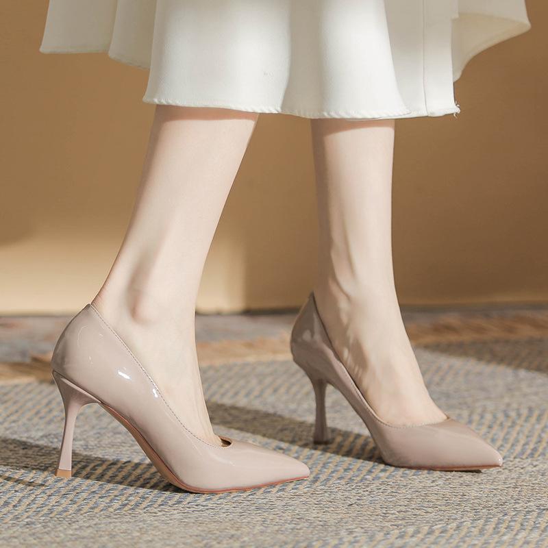 - Korean Version of Versatile High Heels for Women, Sexy Bright Patent Leather Pointed Thin Heels, New Temperament Commuting Light Mouth Single Shoes