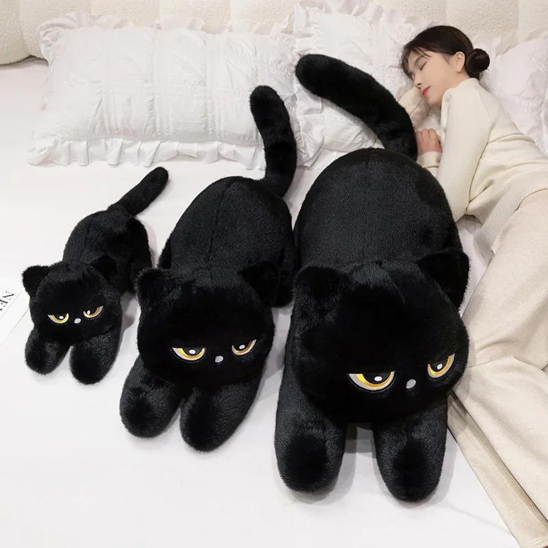 Cute Cartoon Animal Black Gray Cat Plush Long Pillow Kawaii Kitty Stuffed Toy For Children Sleep Appease Doll Room Decor Gift