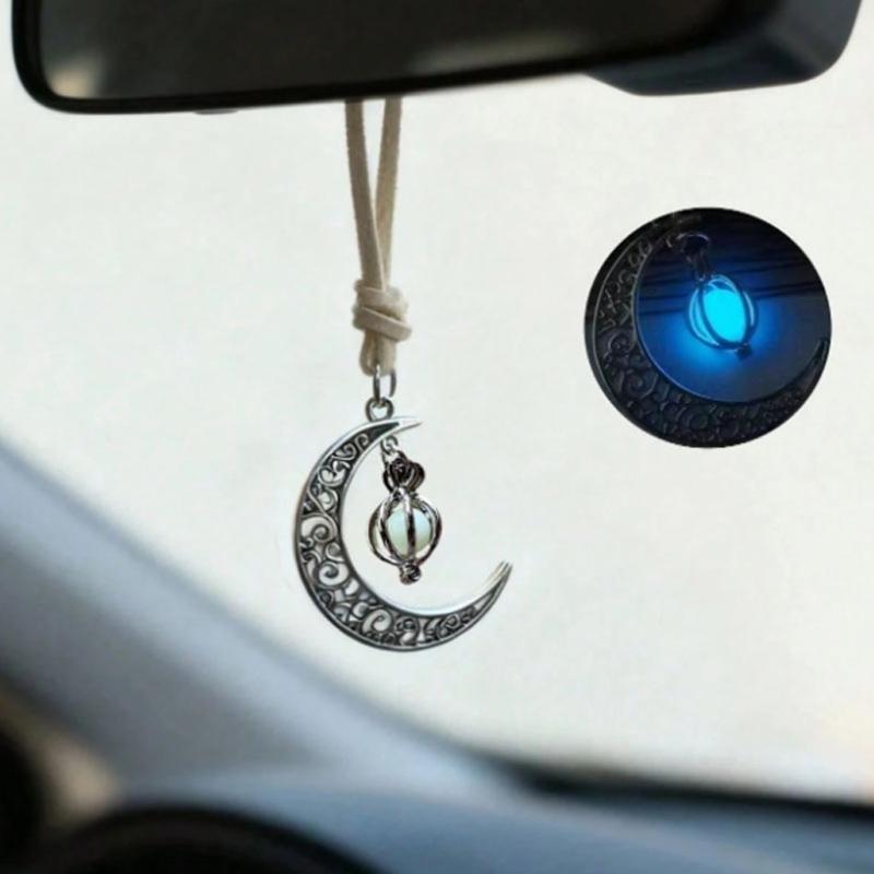 Vehicle Interior Pendant with Silver Tone Finish, Attached Cord, and Glowing Moon Pendant for Car Mirror Area