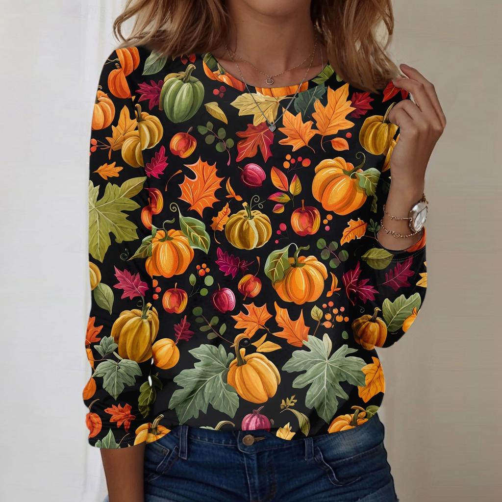 Damen Halloween bedrucktes rundhalsiges lockeres langärmeliges Oberteil