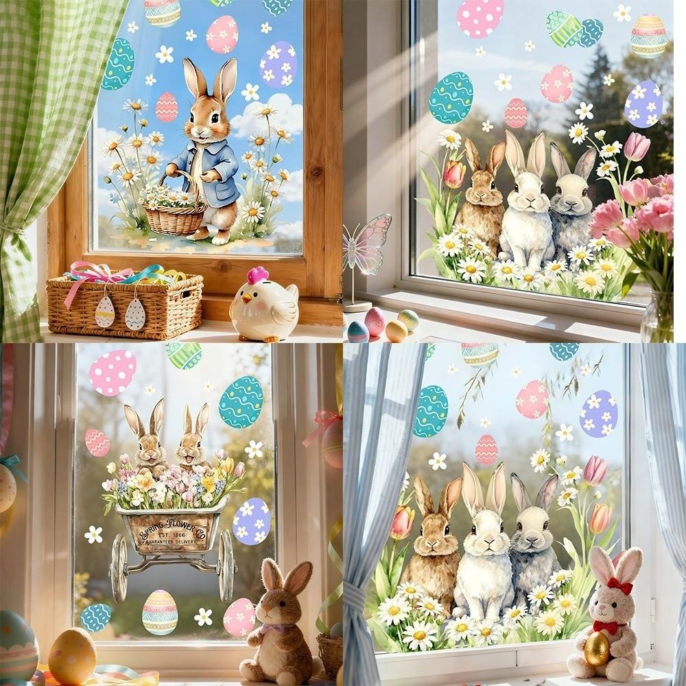 Easter Flower Rabbit Sticker PVC Festival Party Sticker New Wall Stickers  Window Decoration